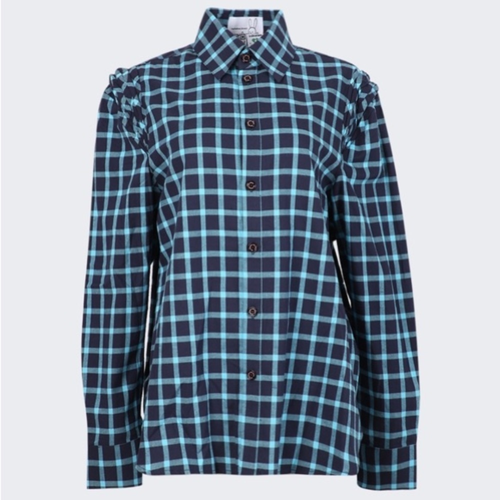 Natasha Zinko Pleated Shoulder Check Cotton Button Up Blouse